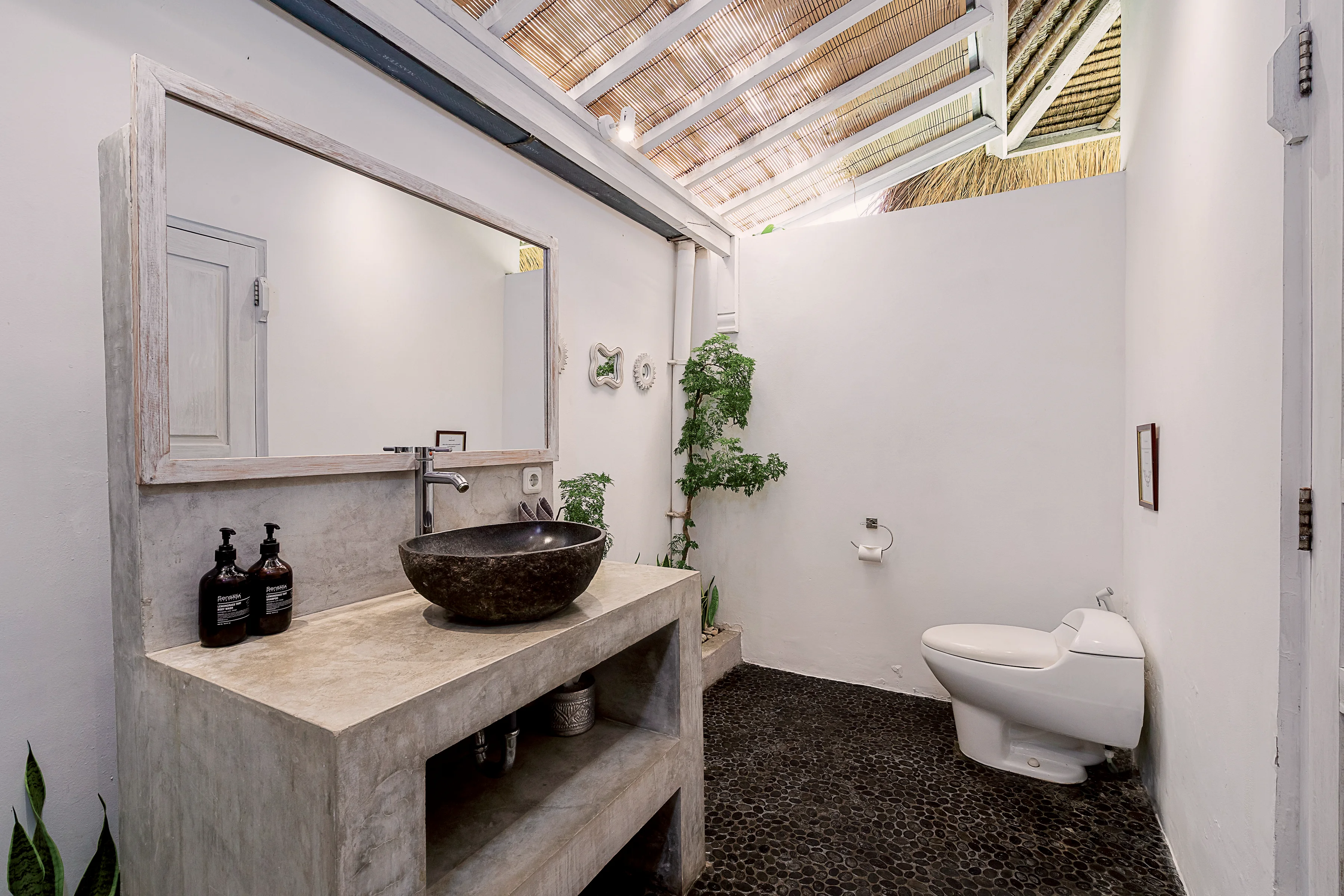 The master bathroom with a mirror, a stone basin and a toilet